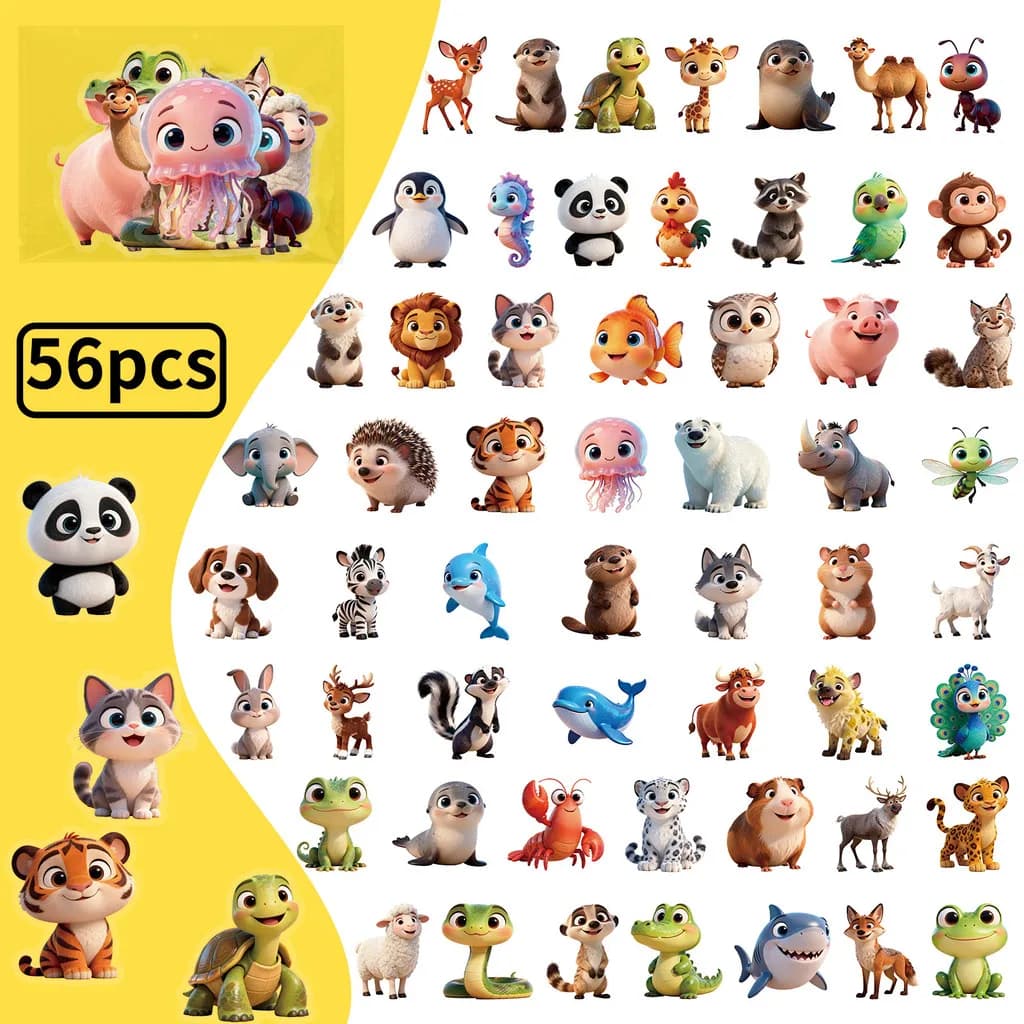 56 pezzi nuovi adesivi animali simpatico cartone animato - PET trasparente per bambini artigianali decalcomanie decorative BulingBulingStickers Store