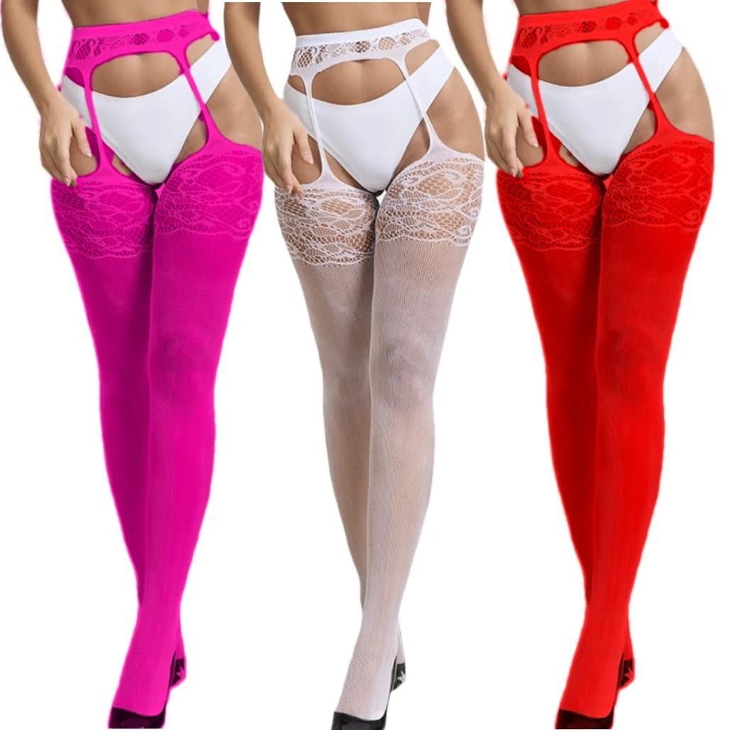 Collant porno da donna Sexy Lenceria Nightclub Collant a rete Nuovi calzini con bretelle Crotchless Legging Calze traspiranti per il corpo