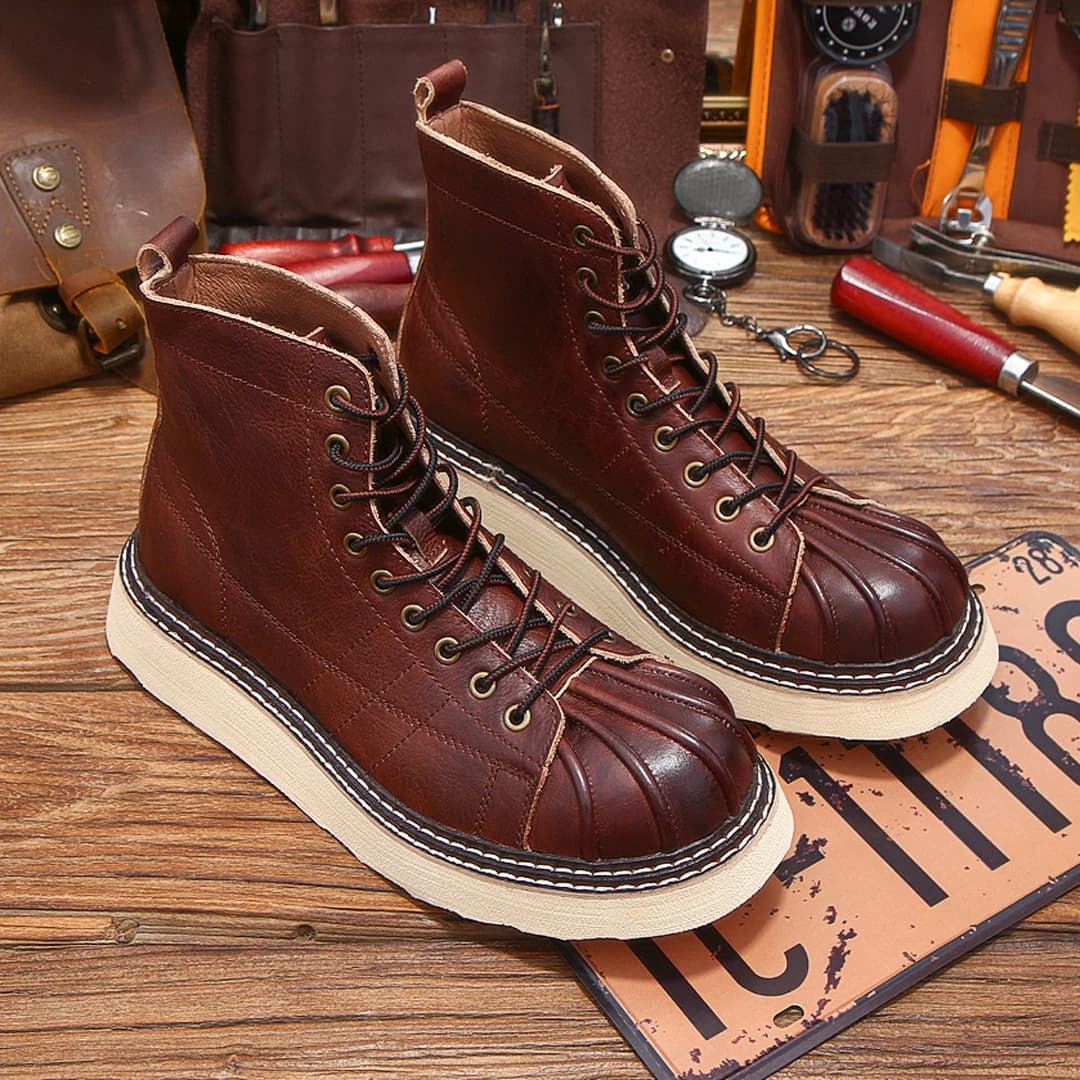 Men's High-Top Boots Head Design Genuine Leather Winter Warm Short Face British Style Work Boots Fashionable