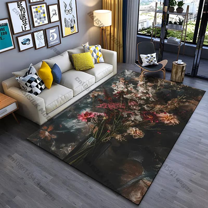 Elegante disposizione di fiori vivaci, tappeto da yoga, decorazione per soggiorno, tappetino per bambini, zerbino, tappeto per area gioco.
