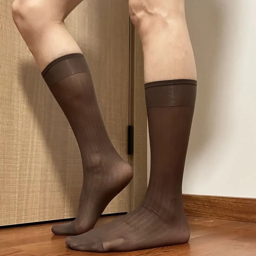 Sheer Men Thin Dress Tube Socks Translucent Thin Solid Color Business Stockings Middle Tube Mid-calf Wide Striped Silk Socks