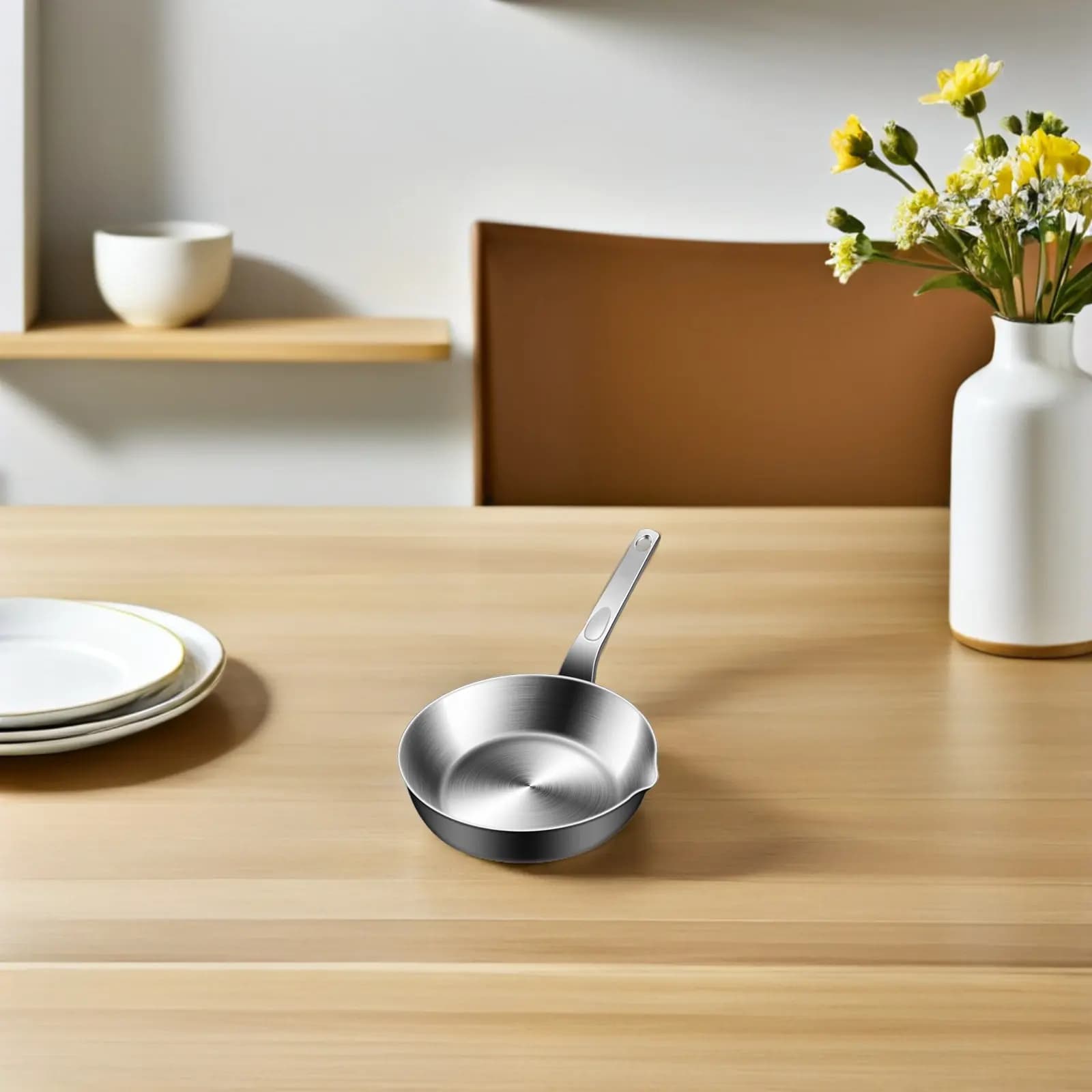 Mini Padella in Acciaio Inox con Fondo Piatto, Distribuzione Uniforme del Calore, Piccola Pentola per Salse con Beccuccio, per Porzioni Singole e Colazione
