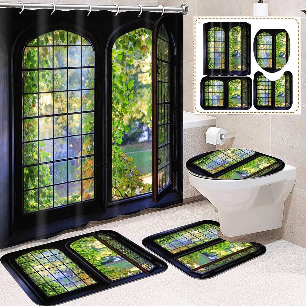 1 set di tende da doccia stampate con scenario primaverile ed estivo con finestra imitazione pianta verde, con 12 ganci e tappetini da bagno