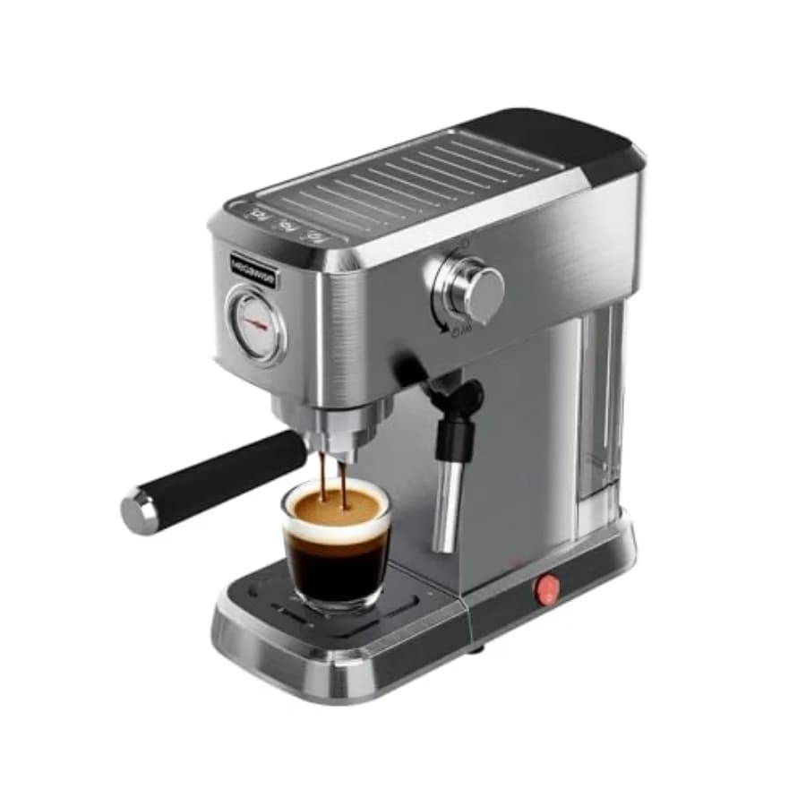 Macchina per Espresso Compatta 20 Bar in Acciaio Inox con Montalatte a Vapore e Serbatoio Rimovibile per Cappuccino e Latte - Argento