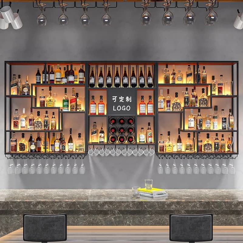 Popolare mobiletto portabottiglie da bar a parete, scaffale espositore per vino in stile industriale Qingba, lusso discreto.