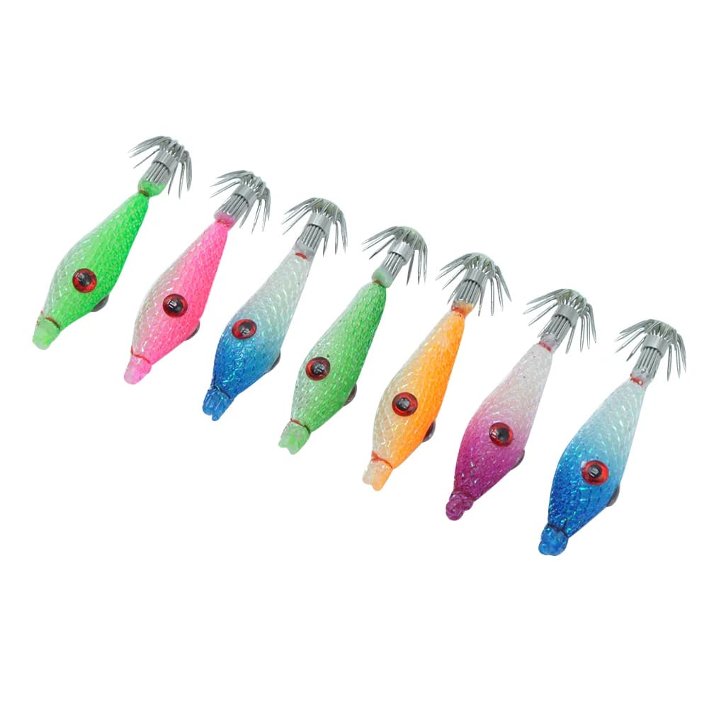 Set di 7 Esche Luminose per Pesca di Polpi e Calamari, Attrezzatura da Pesca con Ganci per Calamari
