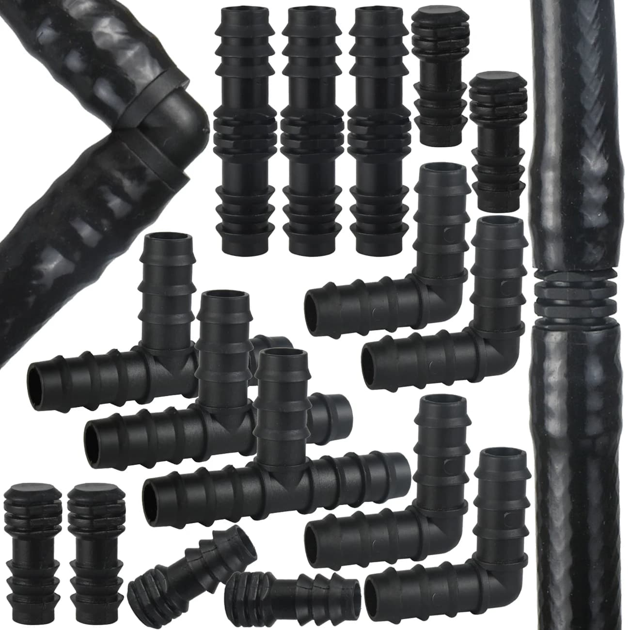 Set di 40-42 raccordi per tubi in PE da 16mm (1/2 pollice) per serra: T, diritti, gomiti, tappi - Accessori per microirrigazione a spruzzo