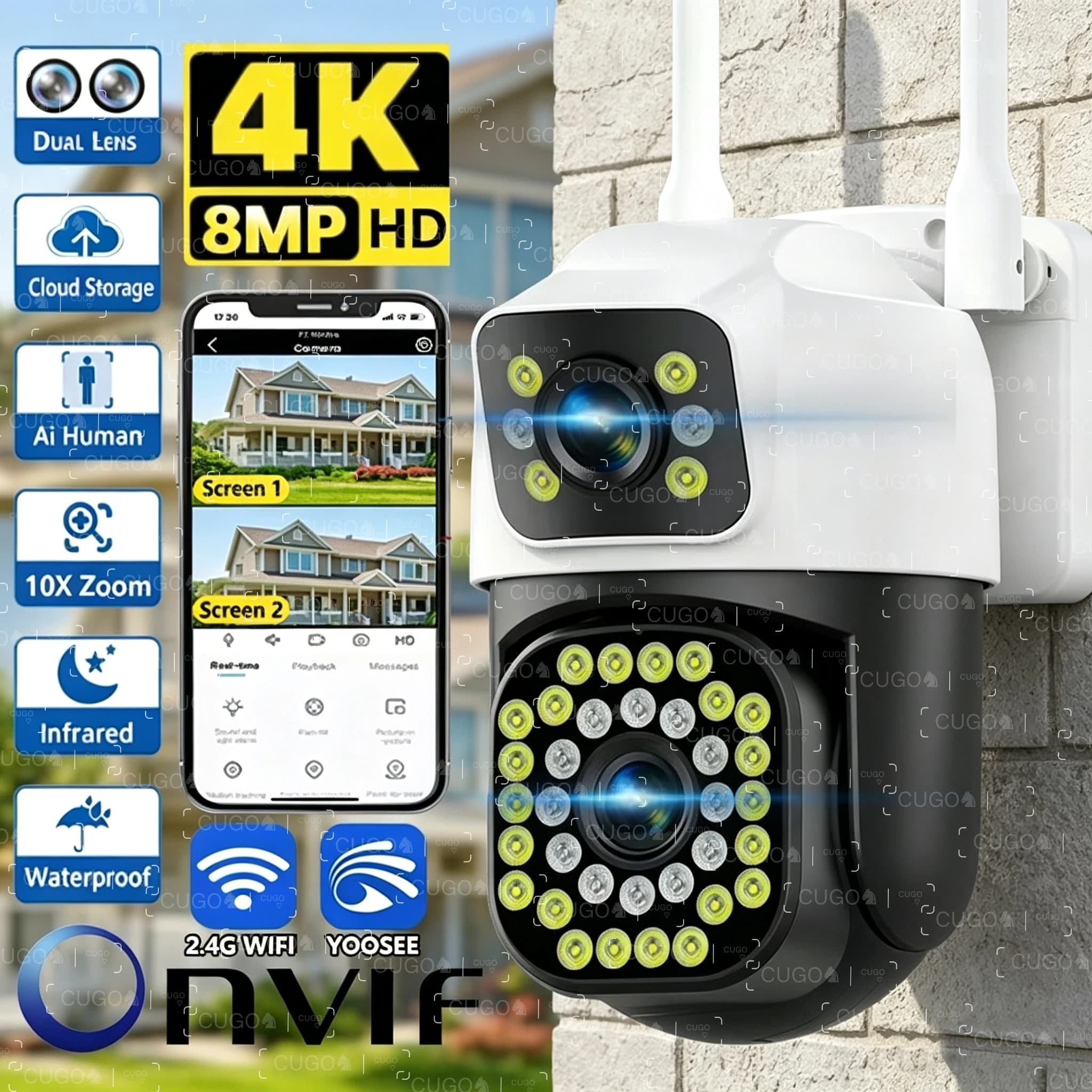 Telecamera wireless WiFi IP da 8MP doppia lente telecamera impermeabile esterna audio bidirezionale visione notturna a colori telecamera PTZ di sicurezza domestica intelligente Yoosee