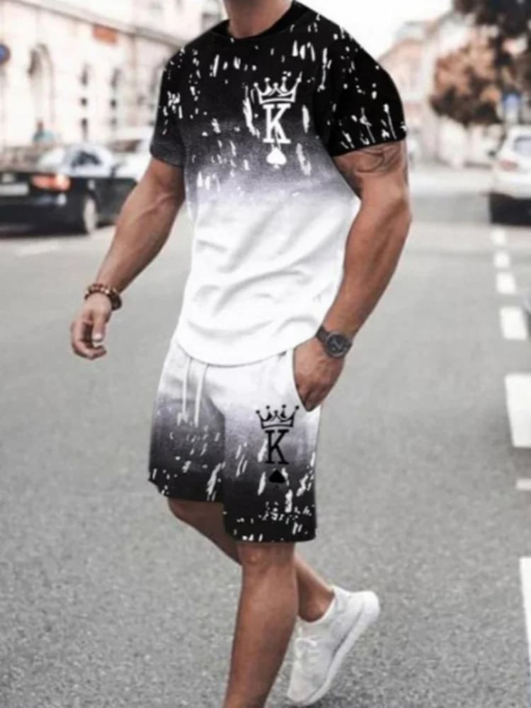 New Summer Men's Casual Suit Oversized Two-Piece Simple Casual Streetwear King Print Beach Suit Men's T-Shirt Shorts Sportswear