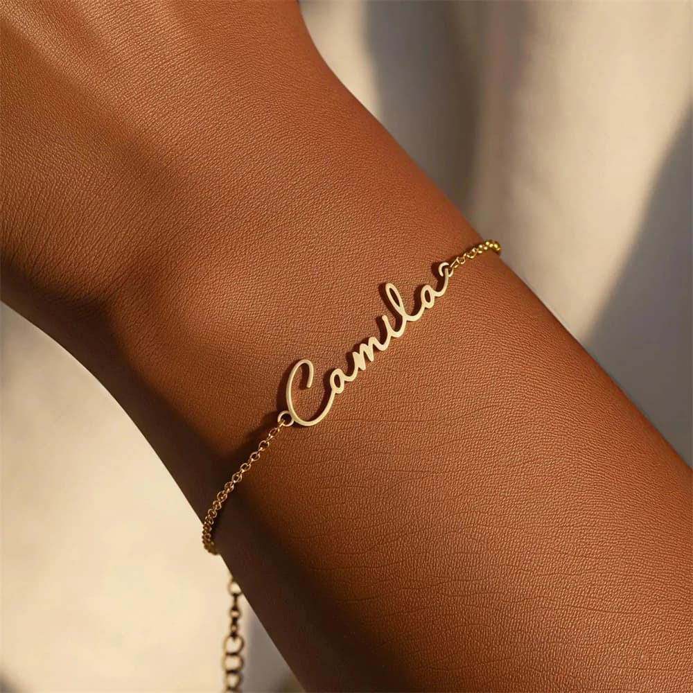 Bracciale con nome con scritta corsiva Catena in oro rosa Collegamento a mano Braccialetti con nome personalizzato per gioielli da donna Regalo personalizzato Pulseras Mujer