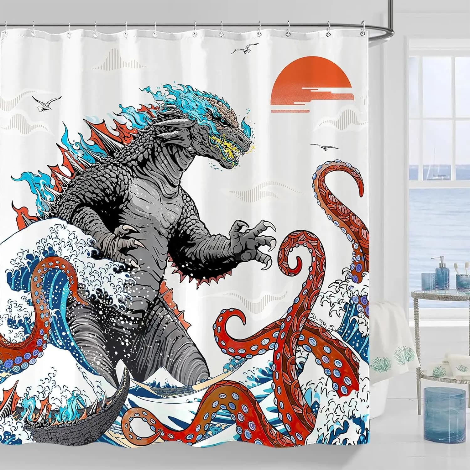 Divertente dinosauro polpo tenda da doccia divertente fresco grigio rosso anime mostro Kraken tende da doccia giapponesi con onde dell'oceano per il bagno