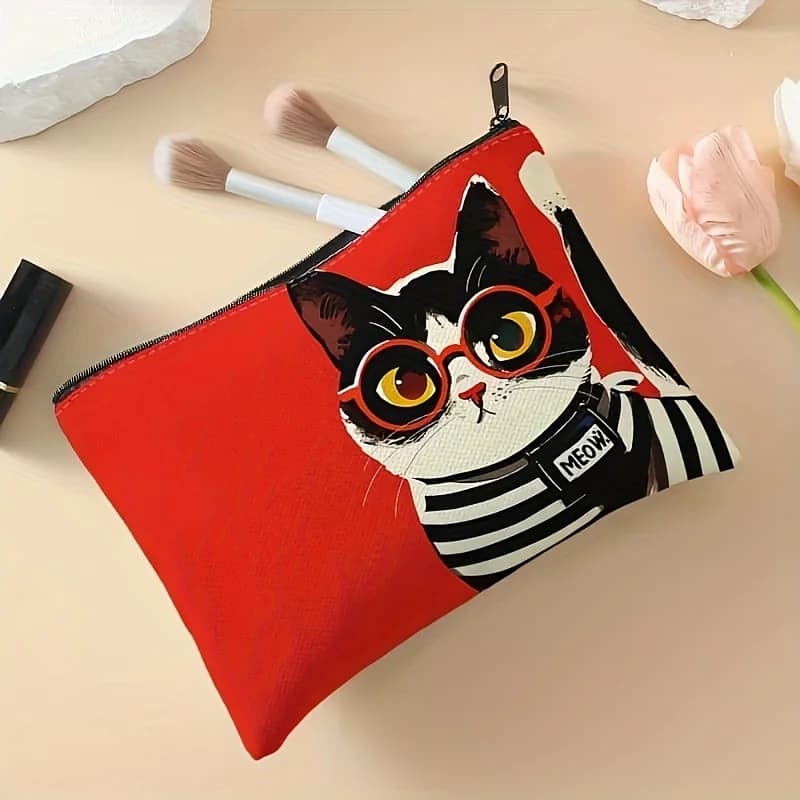 Borsa per il trucco con motivo gatto su sfondo rosso, 1 pezzo, con occhiali - Borsa multifunzionale con cerniera per donna, borsa porta gioielli, borsa da viaggio perfetta con cerniera, divertente regalo di compleanno