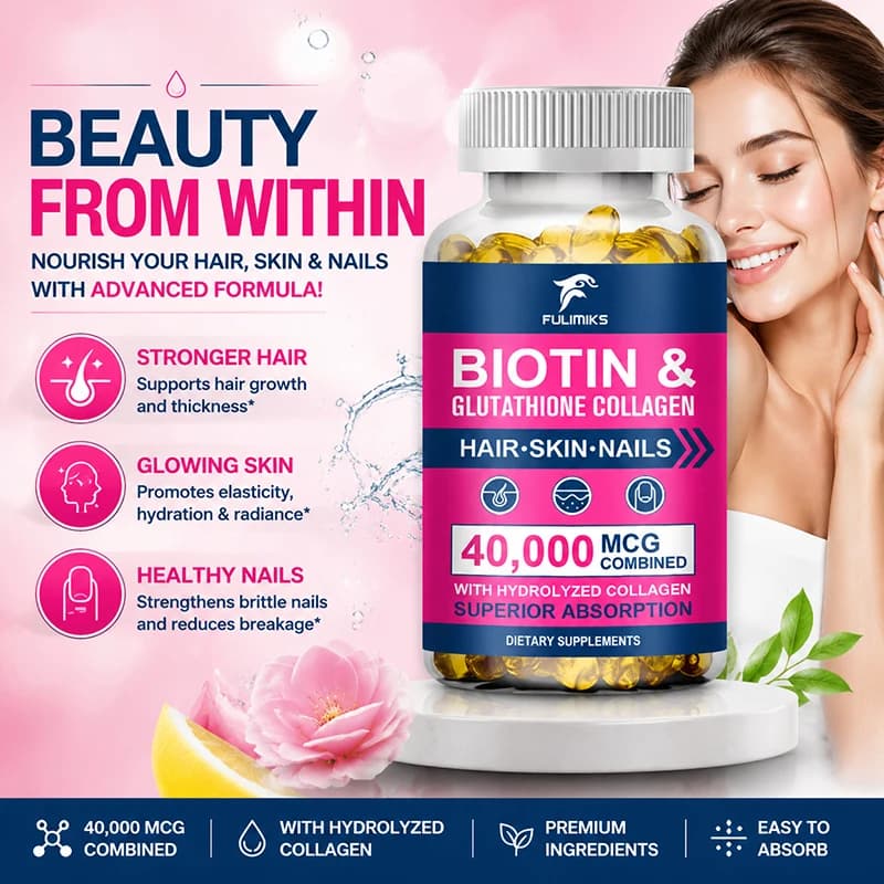 Integratore FULIMIKS per Capelli, Pelle e Unghie, con Biotina, Collagene e Acido Ialuronico, Migliora l'Idratazione della Pelle, la Crescita dei Capelli e la Salute delle Unghie