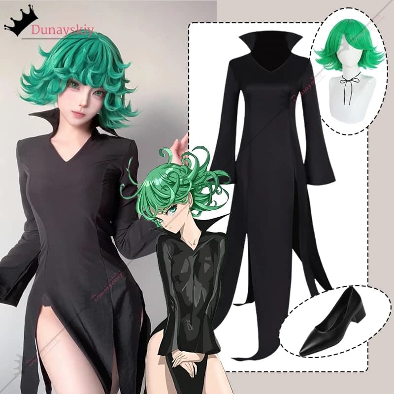 Anime Tatsumaki CosPlay Abito nero Costume Tatsumaki Abito da banchetto nero Parrucca verde Set completo Travestimento di Halloween per donne adulte