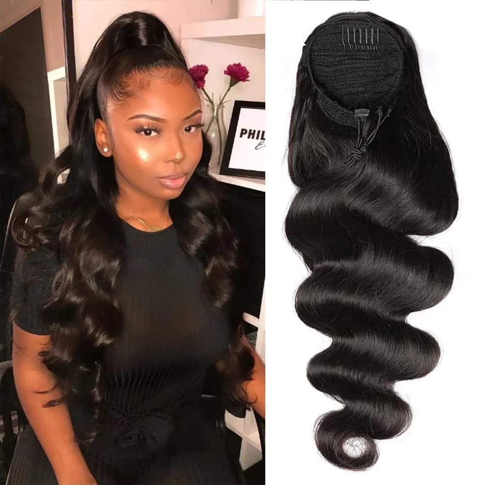 Extensions per capelli umani con elastico a coda di cavallo, effetto Body Wave, in vero capello umano brasiliano Remy, con clip, per donna, colore naturale