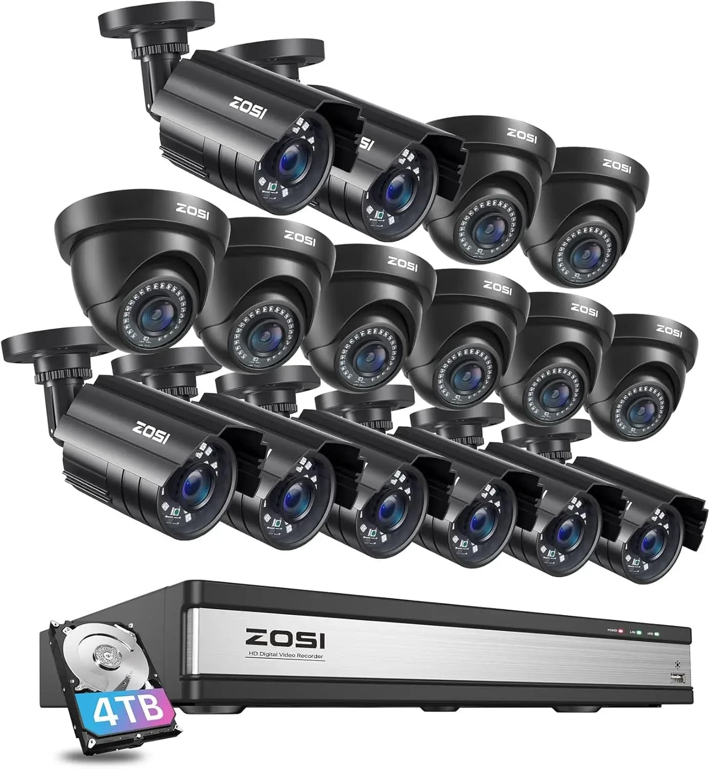 Sistema di telecamere di sicurezza ZOSI a 16 canali con rilevamento AI di persone e veicoli, DVR a 16 canali con disco rigido da 4 TB, 16 telecamere di sorveglianza 1920TVL 1080p per interni ed esterni, visione notturna, accesso remoto