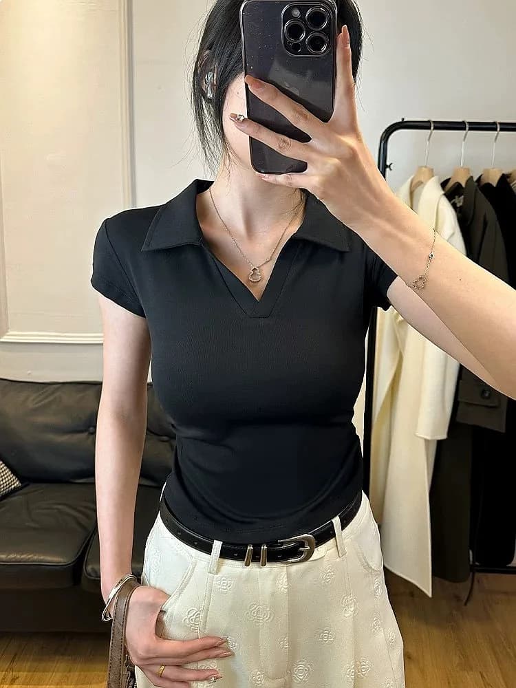 Cotton Summer Sexy Women's Crop Top Slim Basic Solid Short Sleeve Polo T Shirt Casual Tee