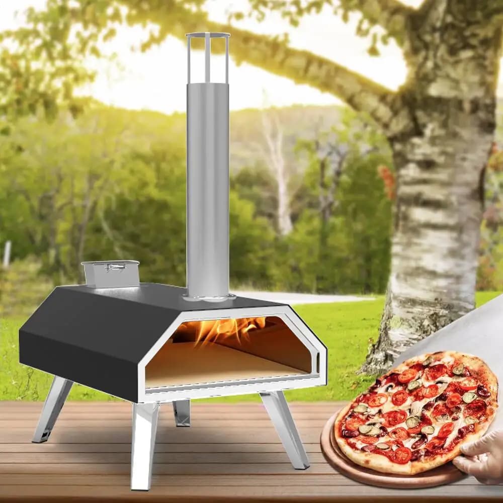 Forno per Pizza a Legna Multifuel da Esterno, Portatile, in Acciaio Inox, con Rotazione Manuale e Canna Fumaria, Forno per Pizza a Pellet
