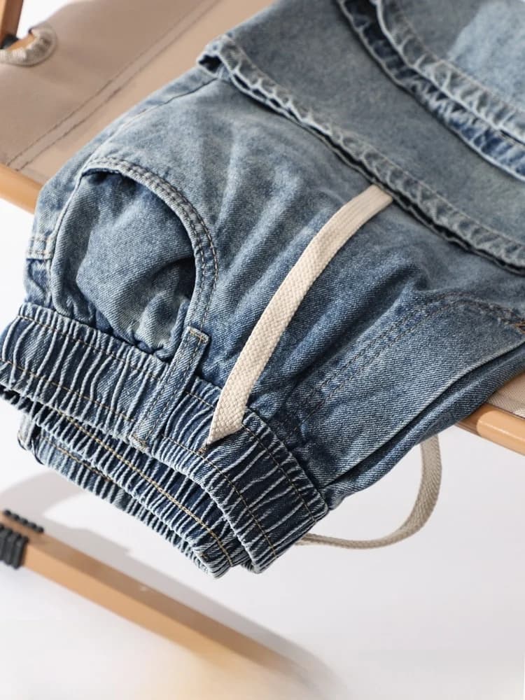 Retro Washed Jeans! Summer Men's Fashion Loose Elastic Waist Versatile Denim Shorts Trendy Straight Leg Cotton Polyester Blend