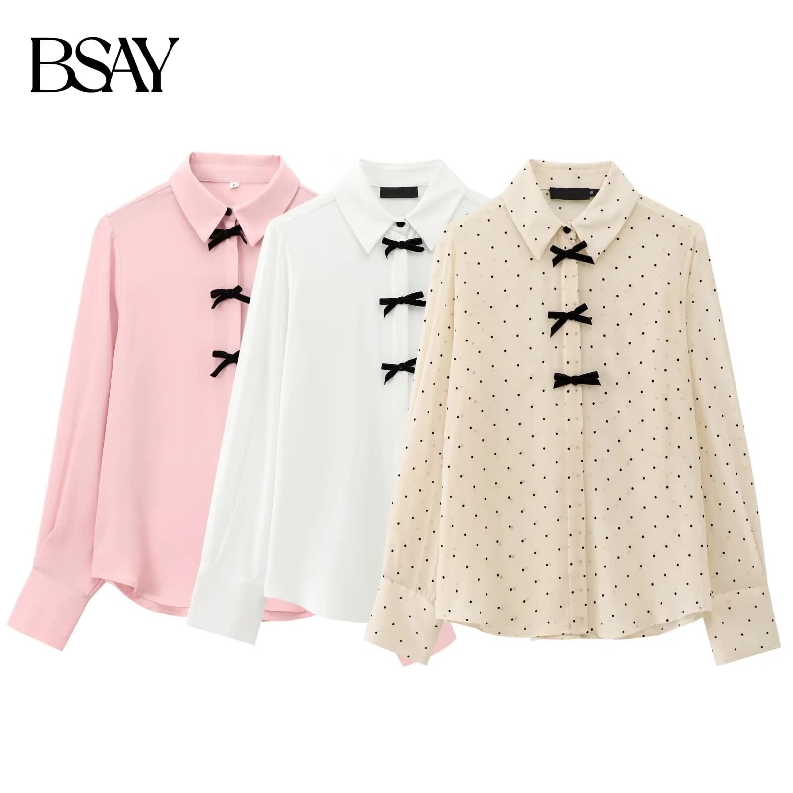 BSAY camicie rosa donna moda autunno nuovo fiocco in velluto manica lunga monopetto camicetta con risvolto dolce francese chic top da donna