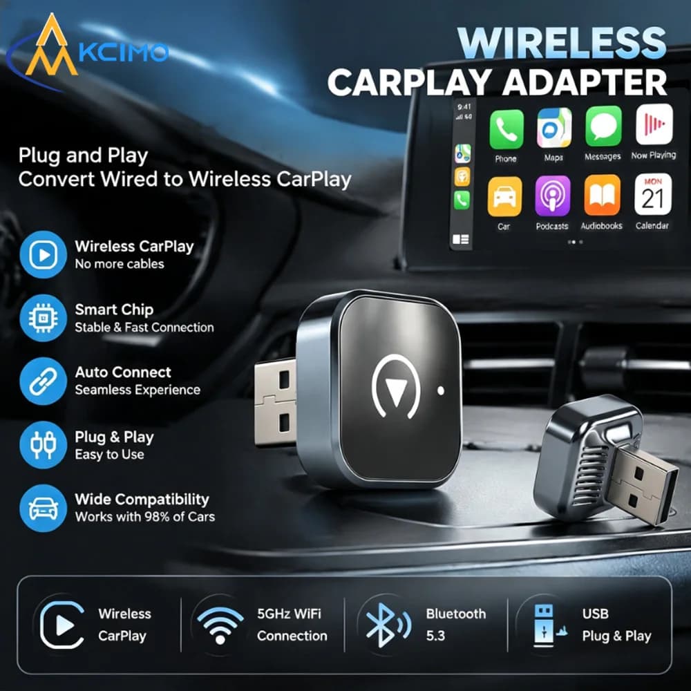 2in1 Wireless CarPlay Android Auto Smart AI Box Plug And Play Converter for OEM Wired CarPlay Vehicles