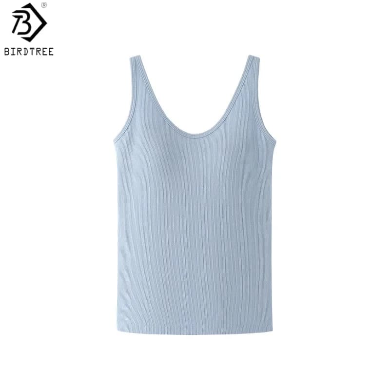 Birdtree Silk Blended Sling Solid Vest, Women Sleeveless U-neck 2026 Summer Autumn Tops, With Chest Pads Tank Tops T66629JF