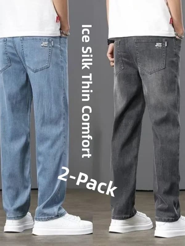 Ice Silk Jeans Men's Straight Loose Elastic Business Casual Wear Resistant Work Long Trousers Summer mid Waist Zipper Fly