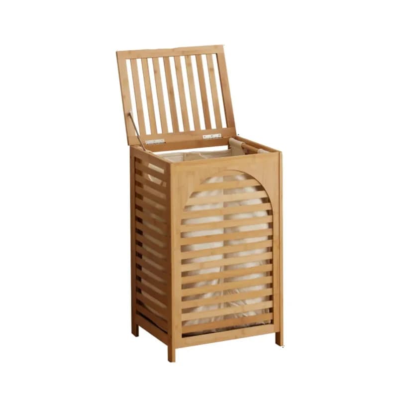 Laundry Hamper with Lid, Wooden Laundry Basket with Removable Liner, Tall Slatted Storage Hamper for Bathroom Bedroom