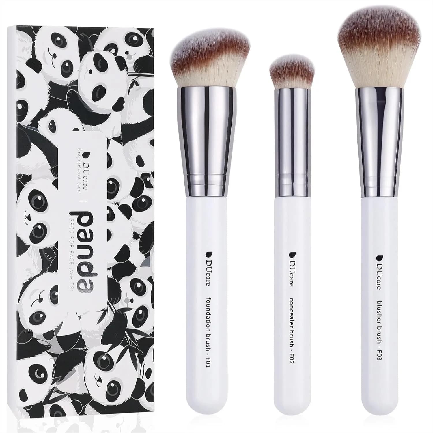 Set di Pennelli per Fondotinta, 3 Pezzi, Pennelli Trucco Panda per Contorno, Correttore e Blush, Sintetici Ultra-Morbidi, Kit da Viaggio per il Viso