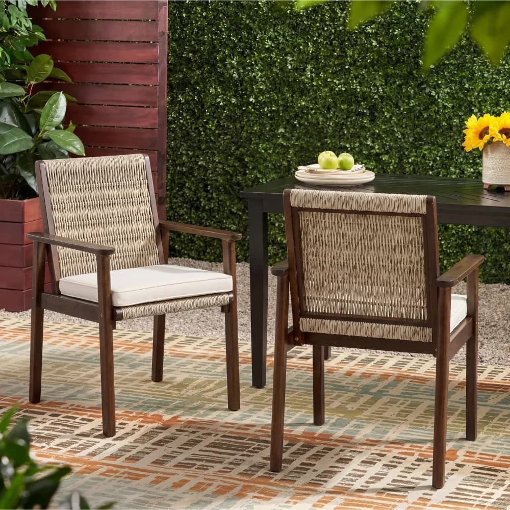 Ye Outdoor Dining Chair Set of 2, Dark Brown, Acacia Wood & Wicker Rattan Woven Patio Chairs, Outdoor Armchair for Patio, Backyard, Poolside, Balcony with Waterproof Seat and Cushion