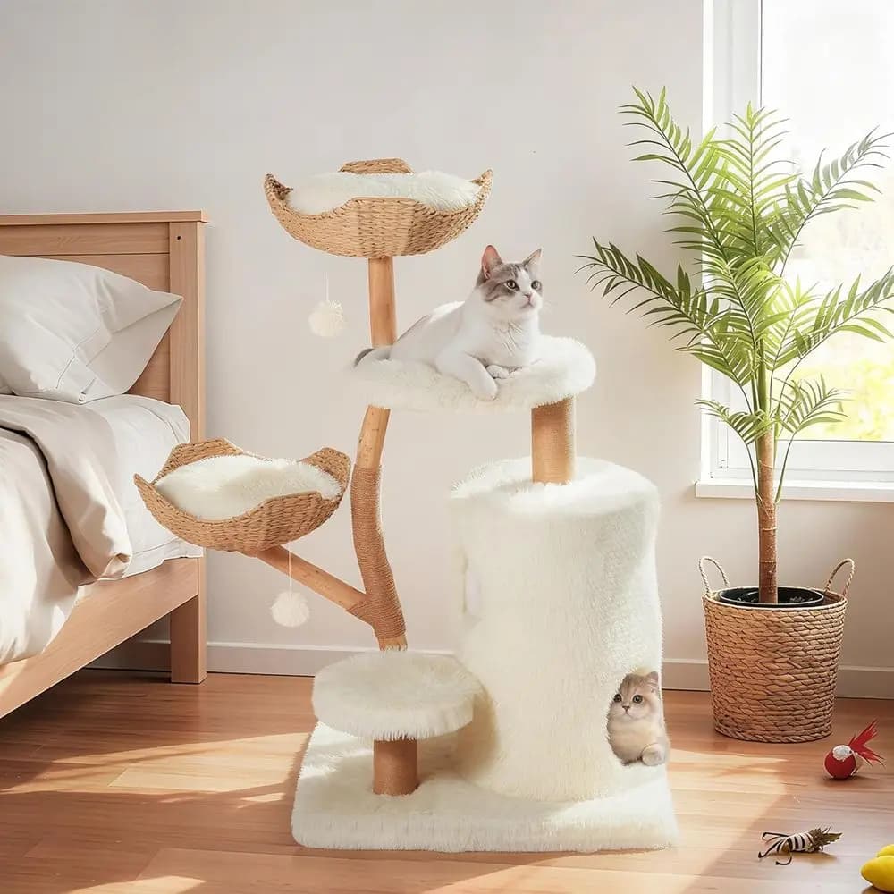 Albero per Gatti in Legno Naturale 54 con Cuscini a Cesto Intrecciati e Tiragraffi, Torre per Gatti Stile Bohemien, Bianco