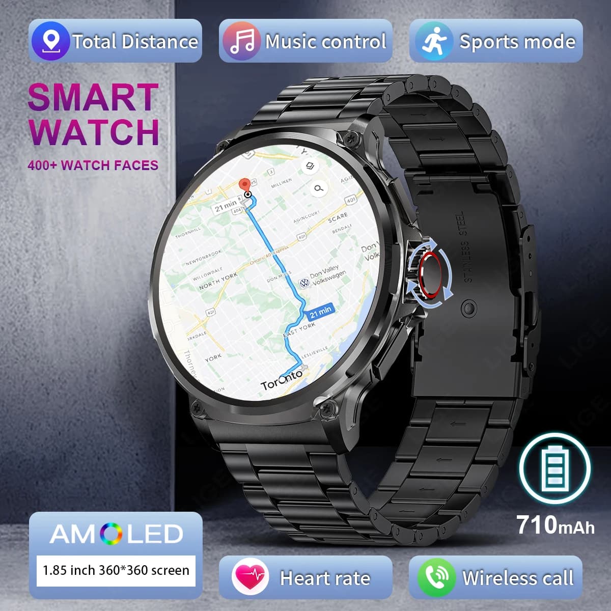 LIGE 2026 New Smartwatch for Men with AMOLED HD Screen from 1,85 Inches, 710 mAh Battery, Bluetooth Calls, Compatible with Android and iOS