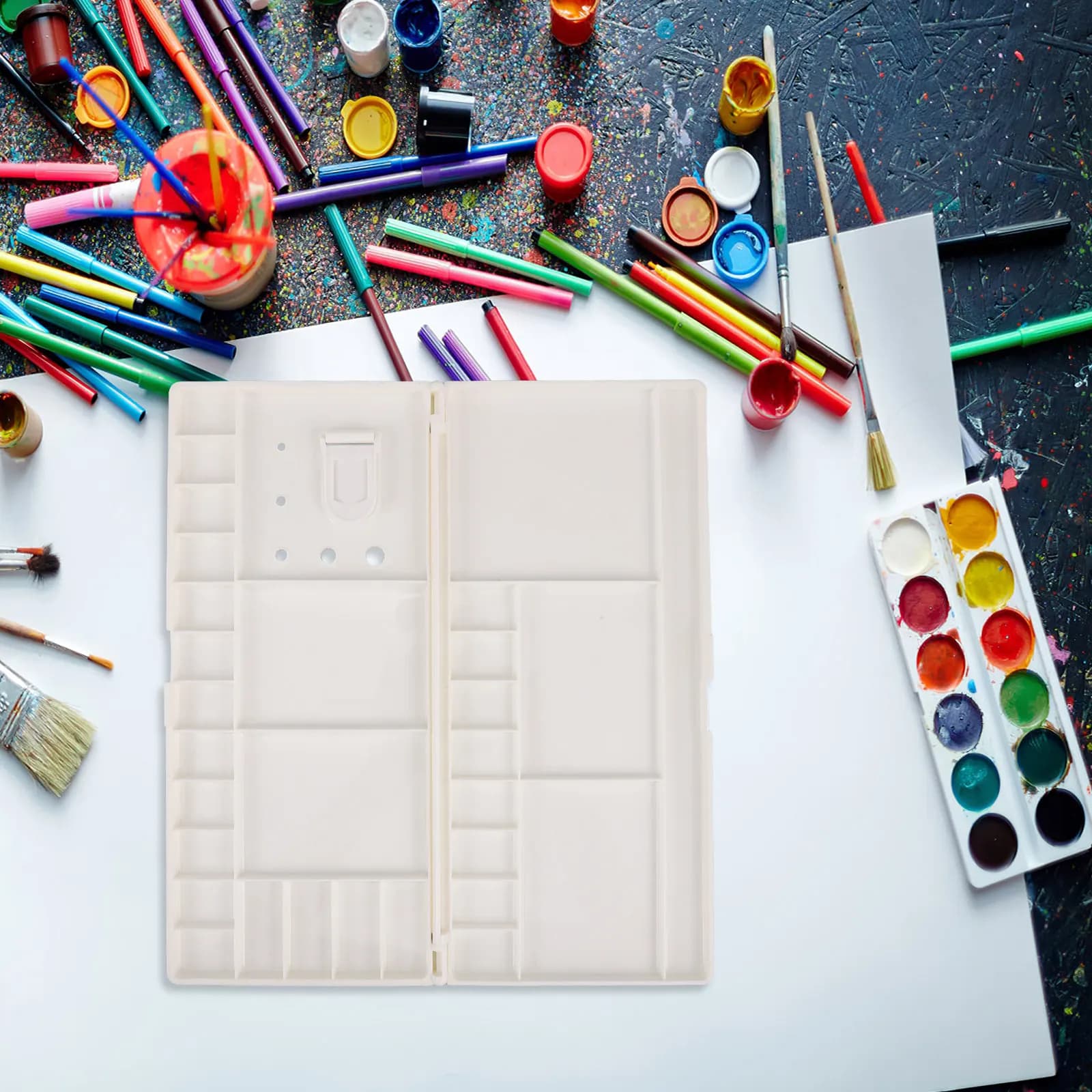 Large Folding Paint Palette Tray 24 Wells 5 Mixing Areas Thumbhole Paint Palette for Watercolor Gouache Acrylic Oil Mixing