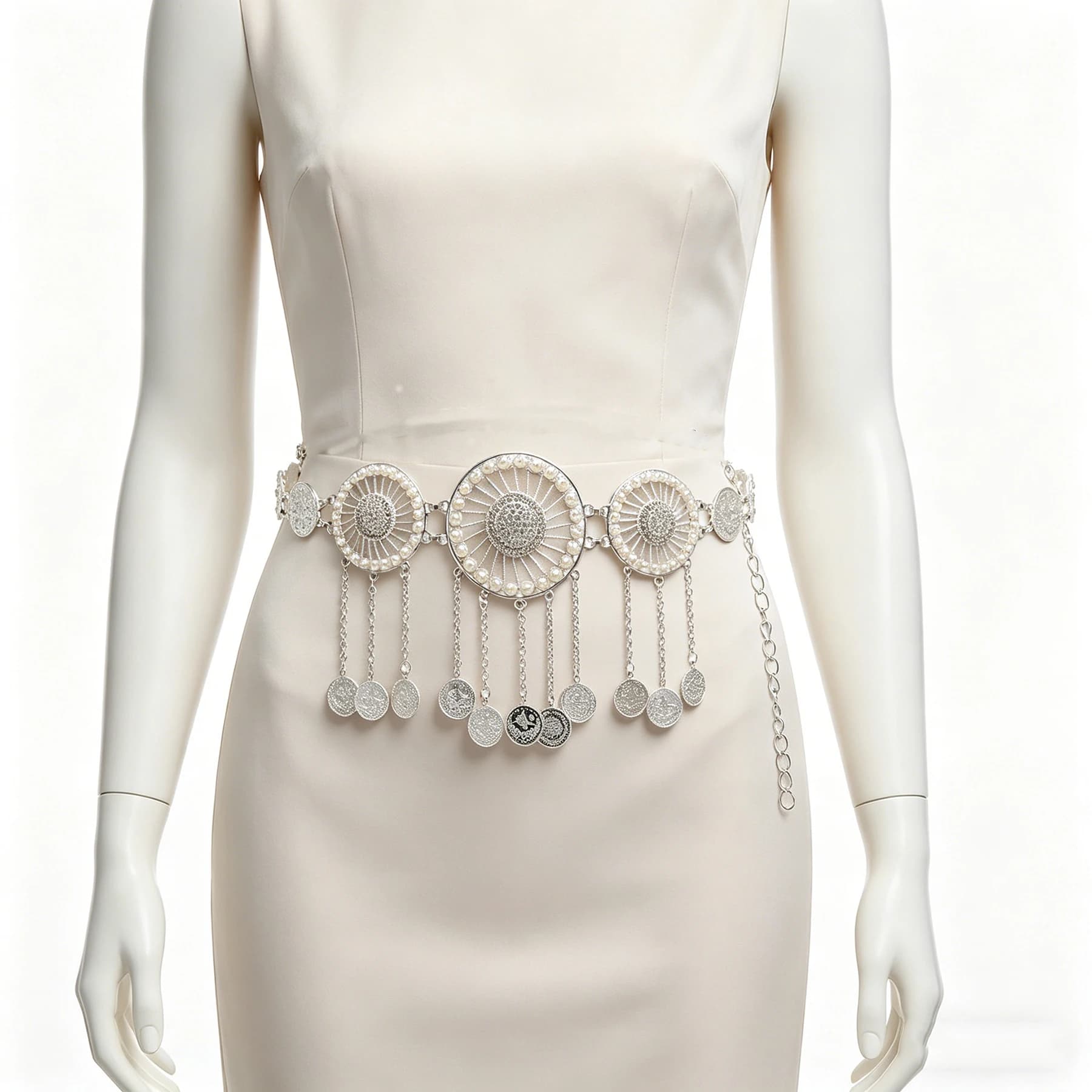 Silver Plated Coin Pearl Waist Chain Belt for Women Boho Rhinestone Dreamcatcher Body Chain Trendy Ethnic Belly Dance Jewelry