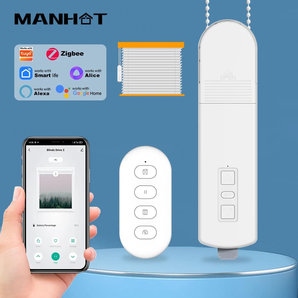Manhot ZigBee Smart Electric Curtain Motor Chain Roller Blinds Pull Bead Curtain Control System For Tuya Alexa Google Yandex
