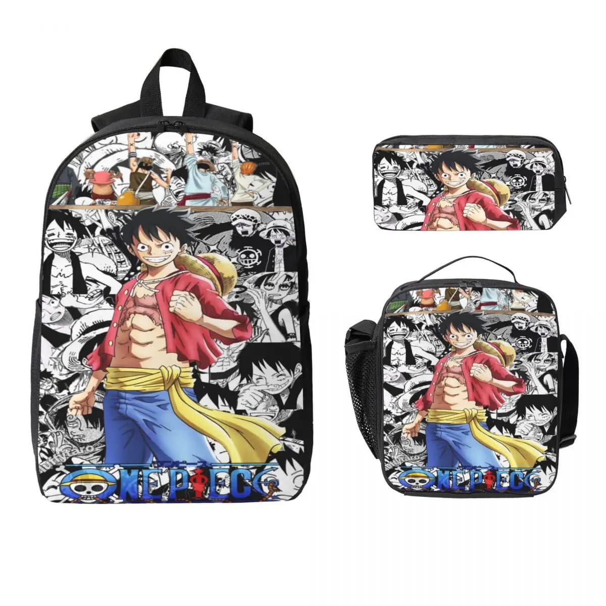 Set di 3 zaini Luffy One Piece per bambini e bambine, con astucci, zaino e borsa termica per la scuola.