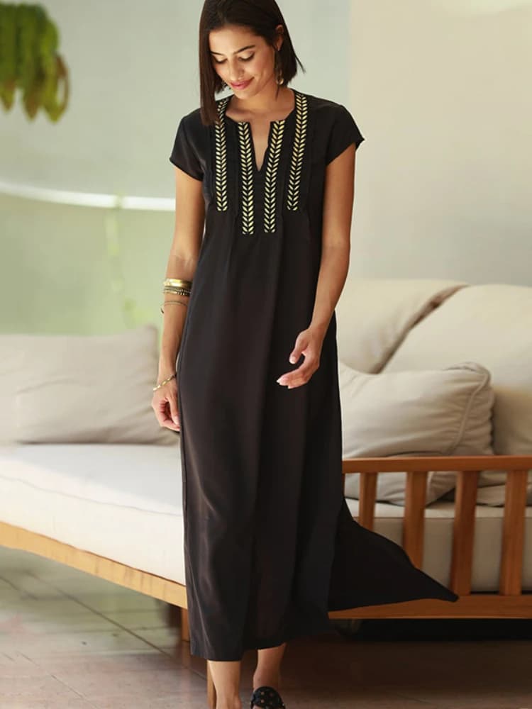 Black Caftan beach dresses for women tunic embroidered in gold Bikini Cover Up short sleeve elegant swimsuit Cover-Up