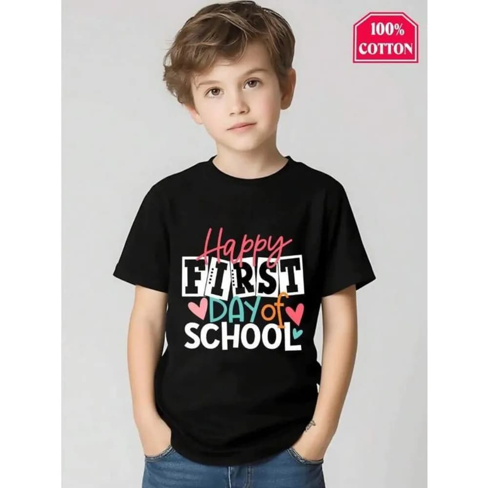 Camicia per il primo giorno della scuola da ragazzo - T-shirt rosa con scritte felice del primo giorno della scuola, maglietta per bambini in morbido cotone traspirante