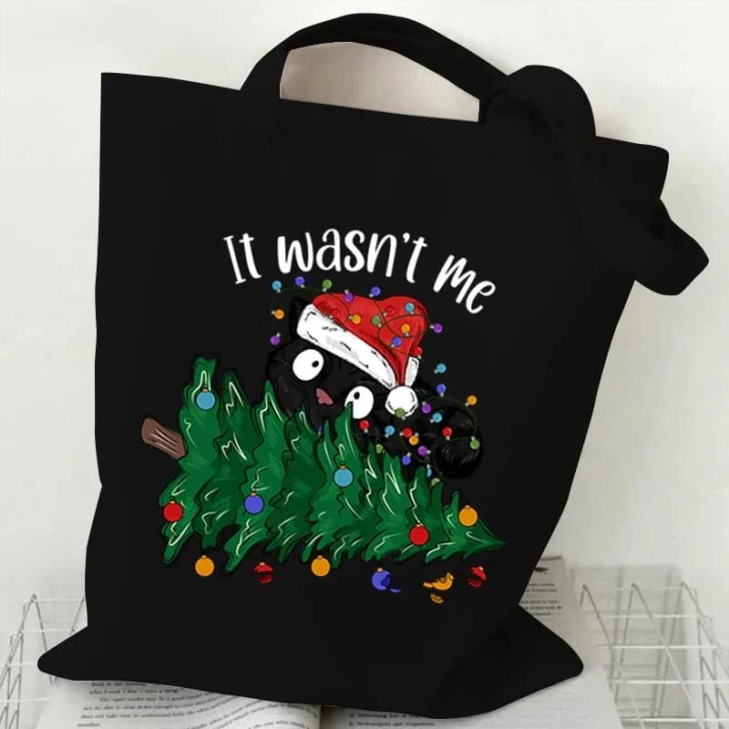 Festivo Meowy Christmas Black Cat con luci dell'albero di Natale Borsa tote in tela Borsa per la spesa riutilizzabile per le vacanze divertenti