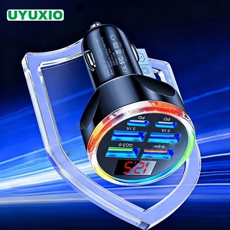 UYUXIO Caricabatteria da auto USB C 6 in 1 con display di tensione Adattatore di ricarica rapida multiporta con voltmetro per iPhone 17 16 Samsung