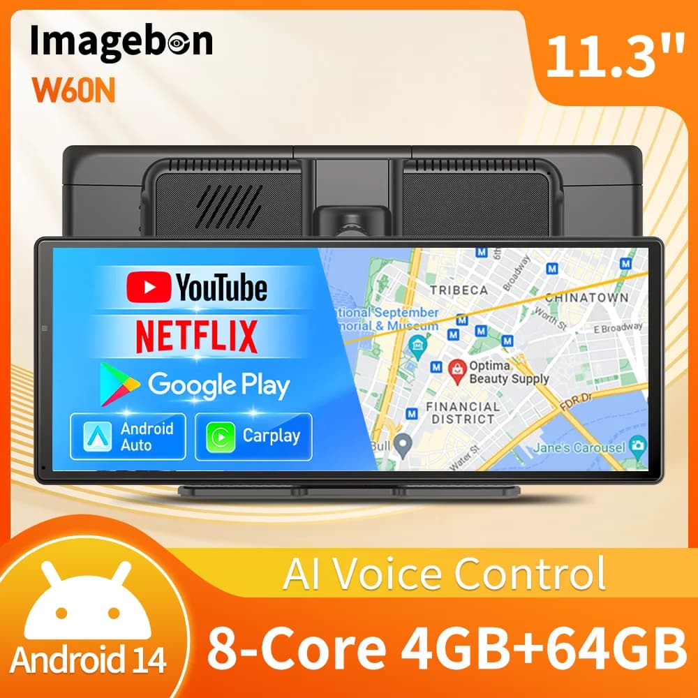 Imagebon W60N 11.3 "Android 14 Dashcam 8 Core 4 + 64G Wireless CarPlay Android Auto Netflix AI GPS Car DVR Rearview Mirror Camera