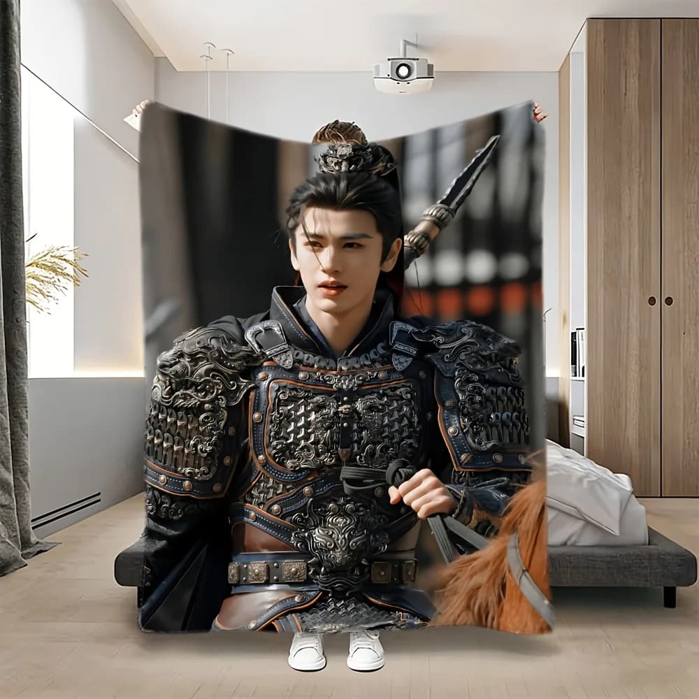 1pc Zhang Linghe As Xie Zheng in Armor on Horse from Chasing Jade Printed Flannel Blanket, All-Season Use, Soft And Comforta