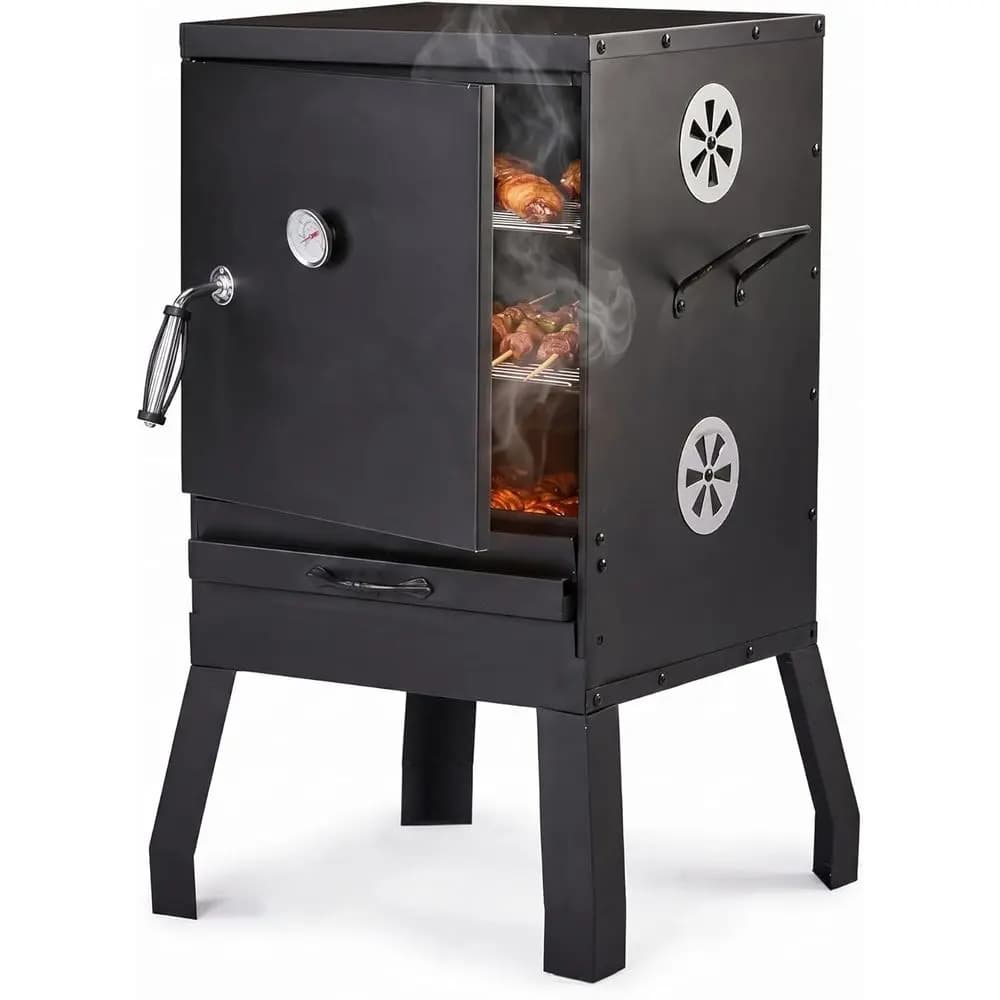 Portable Outdoor BBQ Smoker and Grill with Detachable Racks, Built-in Thermometer, Adjustable Air Vents for Backyard and Camping