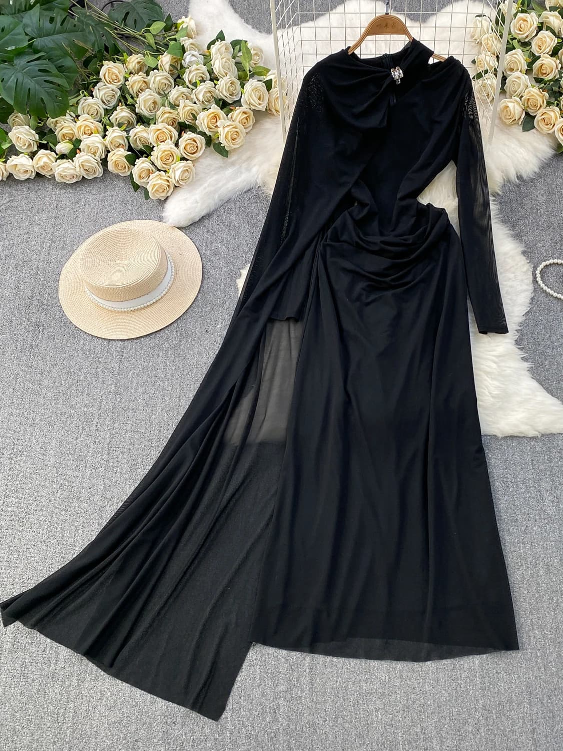Elegant Long Evening Gown with Shawl round Neck Summer Design for Women Mesh Fabric High Waist A-Line Dress for Party