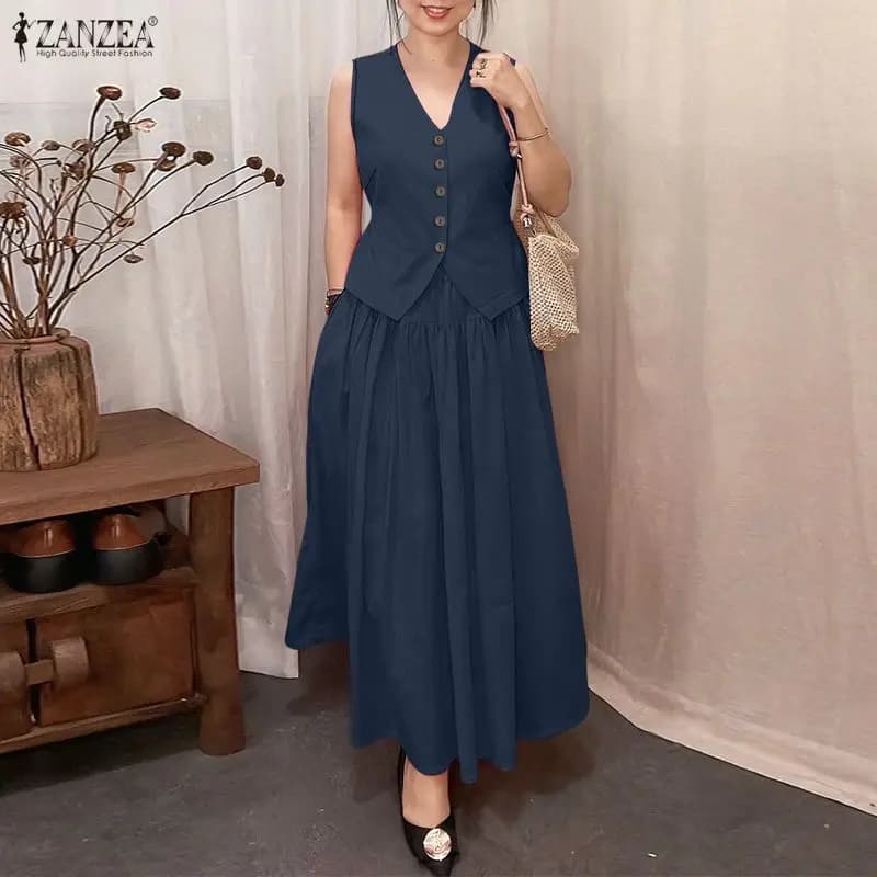 Completo Abito Estivo Donna ZANZEA 2026 - Elegante Set 2 Pezzi con Camicia Senza Maniche e Vestito a Tinta Unita con Scollo a V, Ideale per l'Ufficio