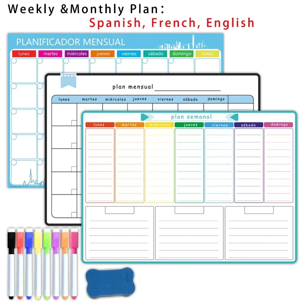 Agenda settimanale e mensile magnetica in formato A3: spagnolo, francese, inglese. Calendario adesivo per frigorifero con lavagna cancellabile a secco