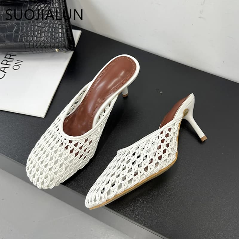 SUOJIALUN 2025 Nuove Donne di Marca Pantofola Delle Signore Elegante Punta Rotonda Slip On Muli Scarpe di Moda Tessuto Sottile Alto Vestito All'aperto Sandalo