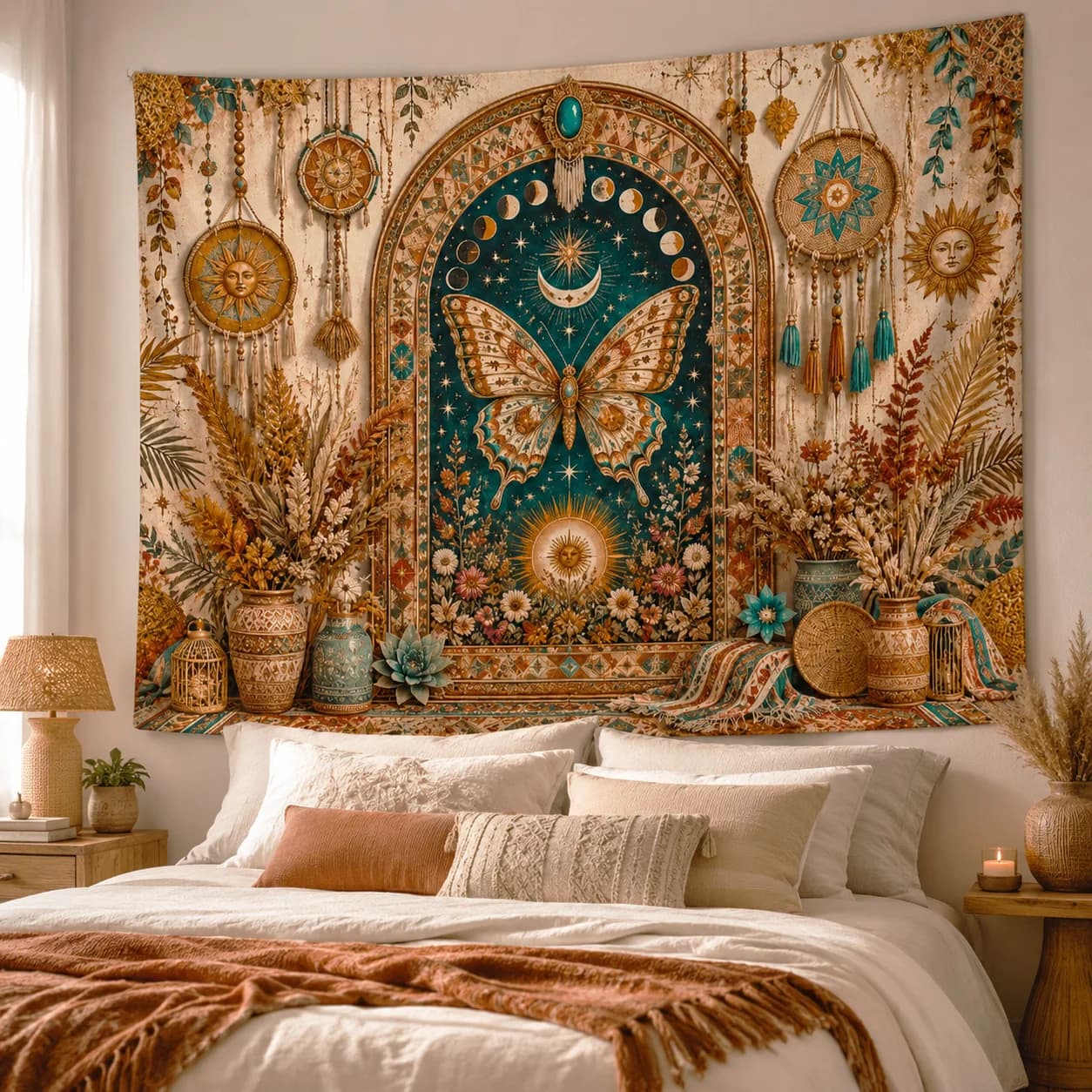 Dreamcatcher Tapestry Wall Hanging Butterfly Moon Phase Large Fabric Wall Tapestries Boho Home Room Decor for Bedroom