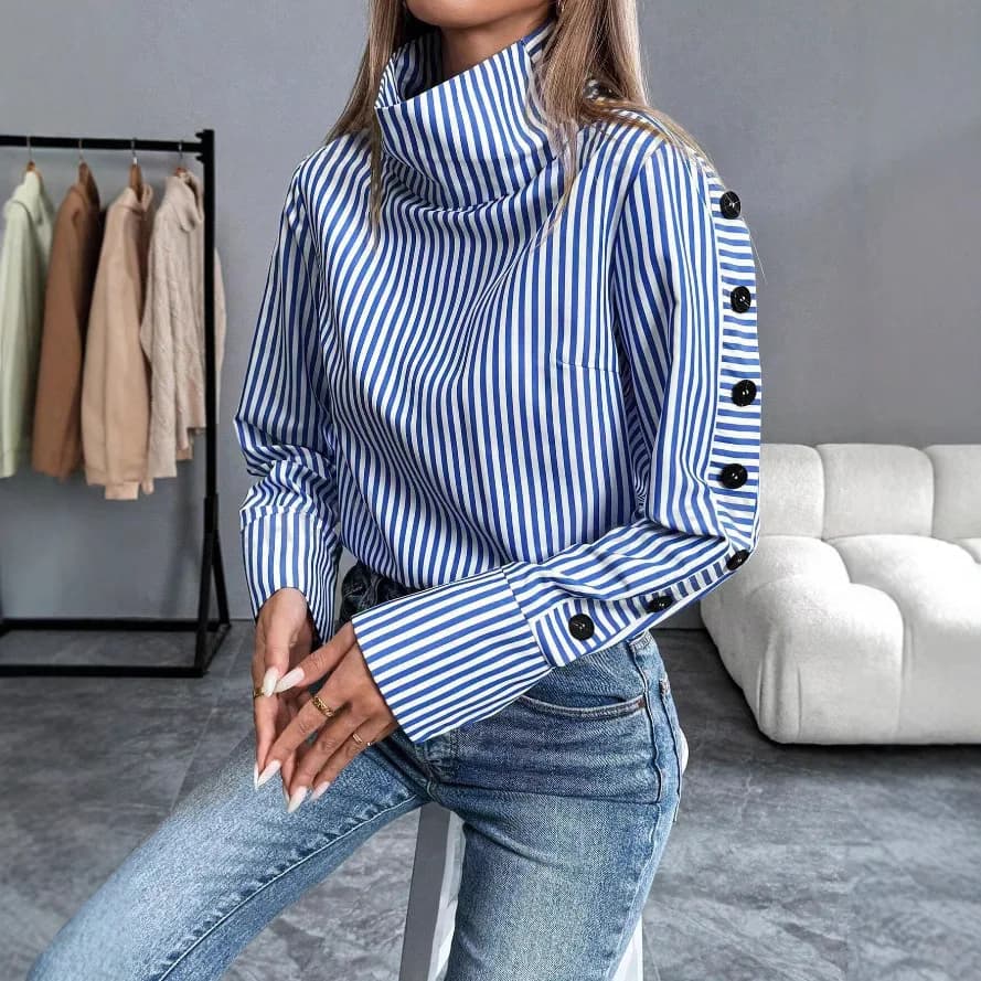 Single-breasted blue shirt with long-sleeved urban style casual striped fashionable and versatile