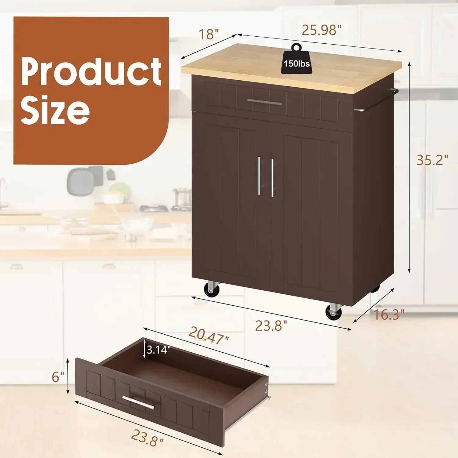 (XMSJ-Hot) Isola da cucina su ruote con mobiletto e cassetto, tavolo da cucina mobile con larghezza di 26 pollici, maniglia per carrello per appendere asciugamani o altro
